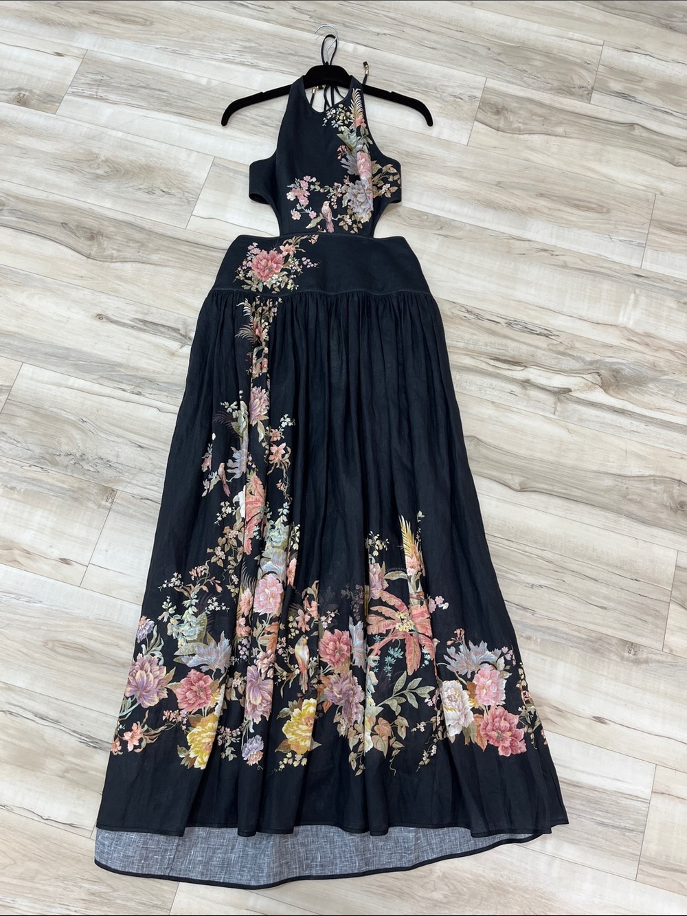 Zimmermann Black High-Low Floral Halter Dress